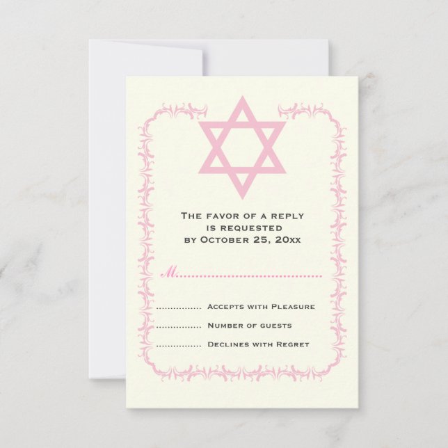 Cartão RSVP Estrela da borda rosa de David Damask Bat Mitzvah  (Frente)