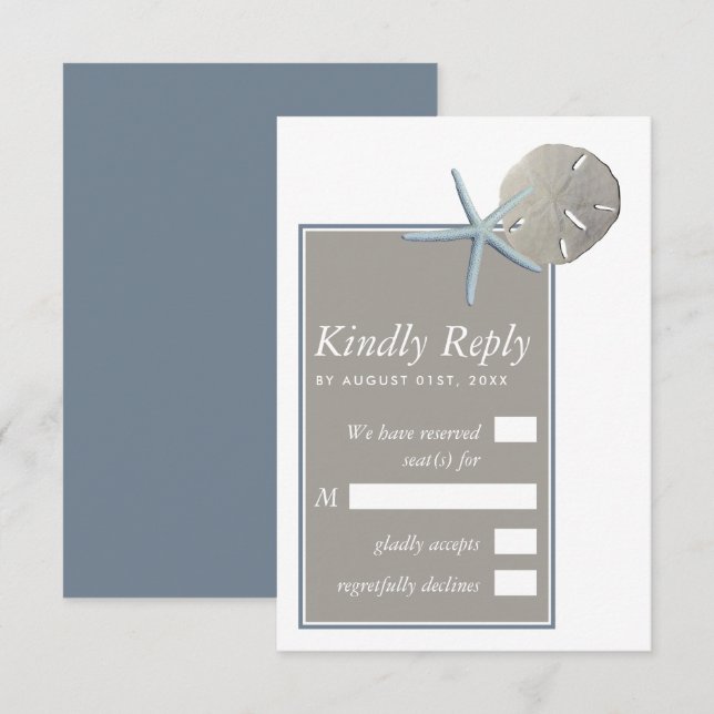 Cartão RSVP Estrela do Mar e Dólar de Areia - Casamento na Pra (Frente/Verso)