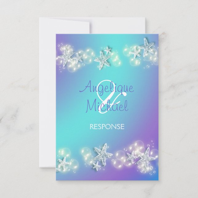 Cartão RSVP Estrela-do-mar roxa azul casamento na praia (Frente)