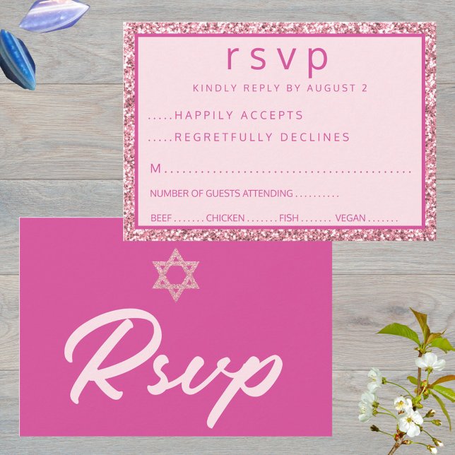 Cartão RSVP Estrela Elegante Rosa De David Bat Mitzvah (These pink RSVP cards for your Bat Mitzvah party are easy to customize)