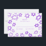 Cartão RSVP Estrela Púrpura de Watercolor de David Bat Mitzvah<br><div class="desc">Resposta perfeita, cartão RSVP para um morcego mitzvah, bar mitzvah ou outra celebração judaica! A mão fez a aquarela arte para você na frente e atrás! TOTALMENTE PERSONALIZÁVEL! Clique em "Personalizar" acima para editar o texto. Clique em "editar usando a ferramenta design" para ajustar as fontes, as cores e os...</div>