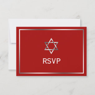 Cartão RSVP Estrela Vermelha de Prata de David Bar Mitzvah