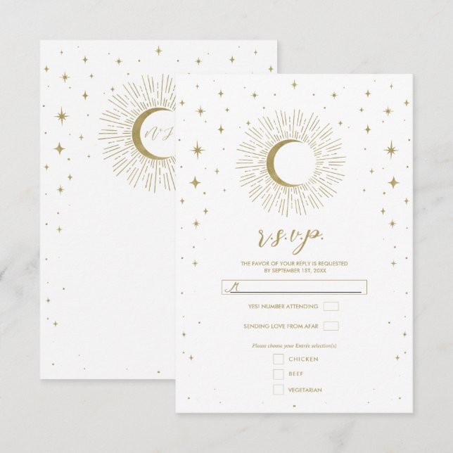Cartão RSVP Estrelas Brancas e Douradas Rajada Celestial de So (Frente/Verso)