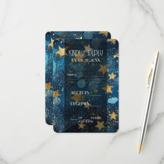 Cartão RSVP Estrelas Douradas Casamento Azul