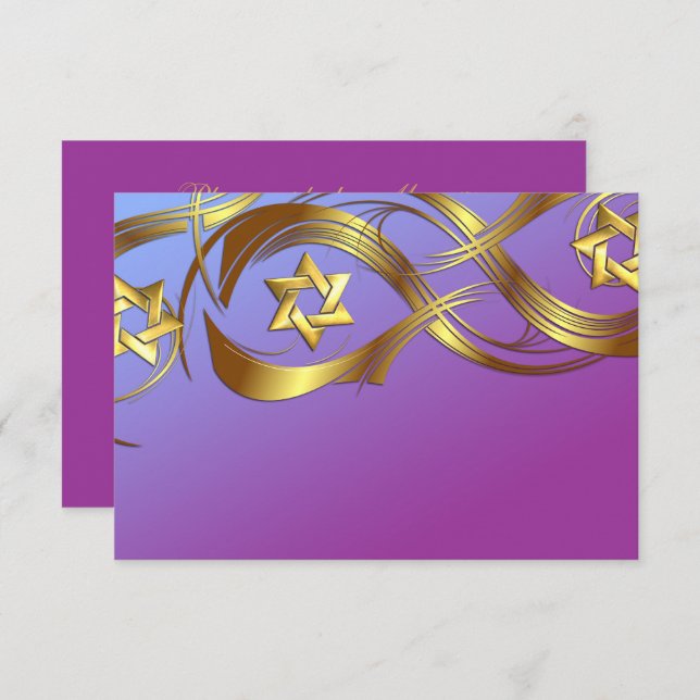 Cartão RSVP Estrelas Douradas do Bat Roxo e Azul Mitzvah Flore (Frente/Verso)