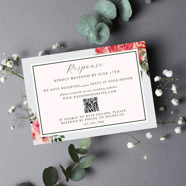 Cartão RSVP Eterno Floral Blush Red Greenery Website Casamento (Criador carregado)