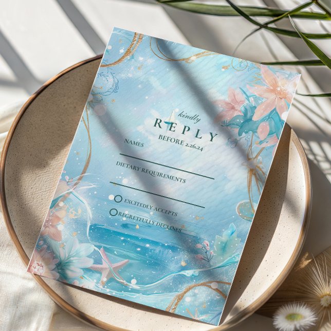 Cartão RSVP Ethereal Ocean Light Wedding (Criador carregado)
