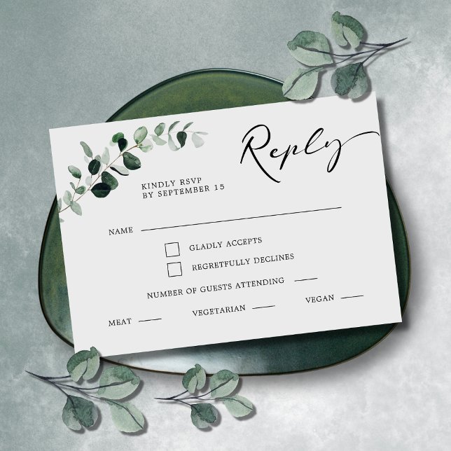 Cartão RSVP Eucalipto Caligrafia Escolha de Refeição Casamento (Eucalyptus Greenery Modern Calligraphy Meal Choice RSVP Reply Wedding Enclosure Card)