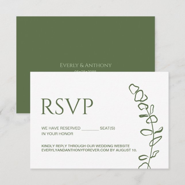 Cartão RSVP Eucalipto Casamento Chic Assentos Reservados Verde (Frente/Verso)