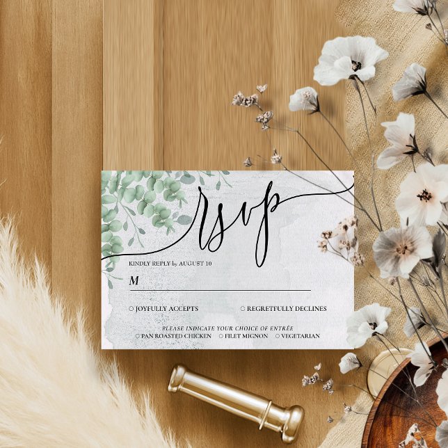 Cartão RSVP Eucalipto Verde Simples Caligrafia Boho (Criador carregado)