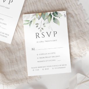 Cartão RSVP Eucalyptus Deixa Refeições Douradas Casamento