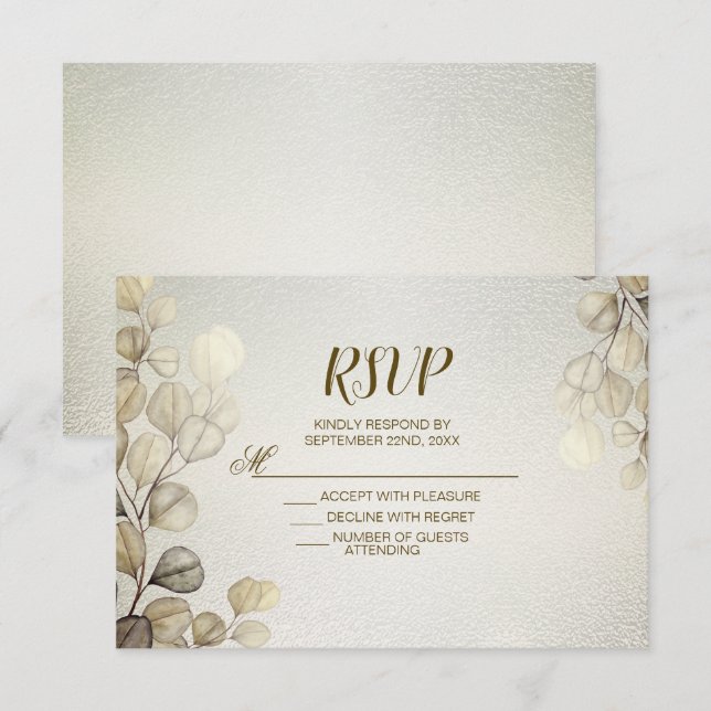 Cartão RSVP Eucalyptus Foliage Wedding Shiny Dourado com Aquar (Frente/Verso)