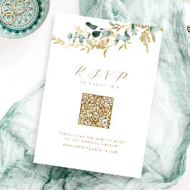Cartão RSVP Eucalyptus gold greenery boho código QR casamento