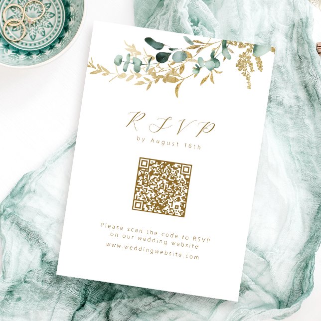 Cartão RSVP Eucalyptus gold greenery boho código QR casamento (Eucalyptus gold greenery boho QR code wedding RSVP Card)