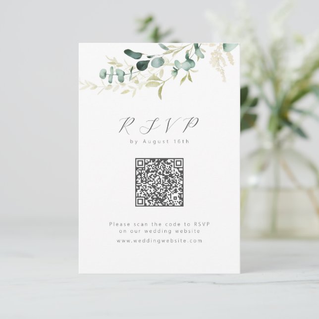 Cartão RSVP Eucalyptus greenery boho Código QR casamento (Em pé/Frente)