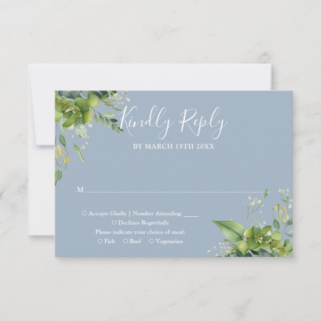 Cartão RSVP Eucalyptus Greenery Bosty Casamento Azul (Frente)