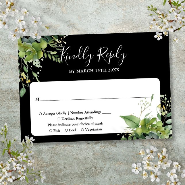 Cartão RSVP Eucalyptus Greenery Casamento Negro E Branco (Eucalyptus Greenery Black And White Wedding RSVP Card)