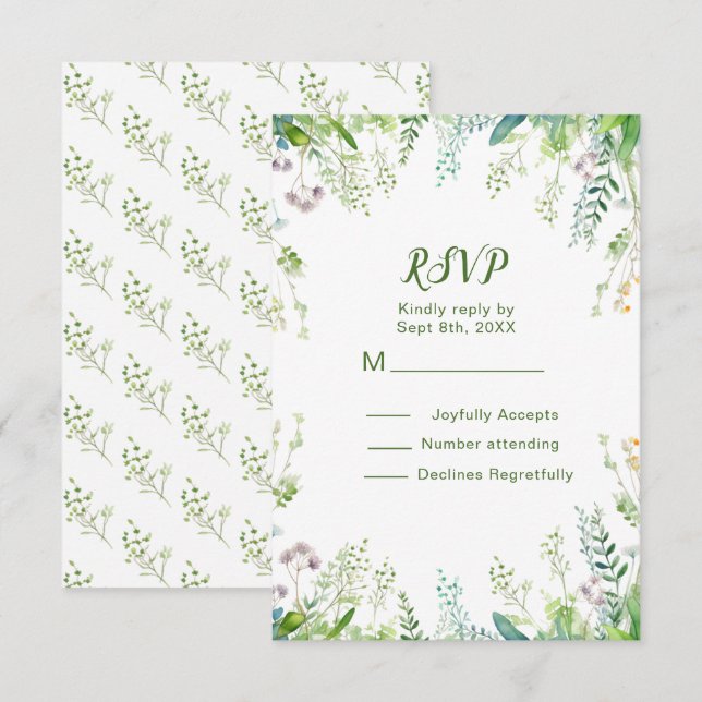 Cartão RSVP Eucalyptus Greenery deixa detalhes de casamento (Frente/Verso)