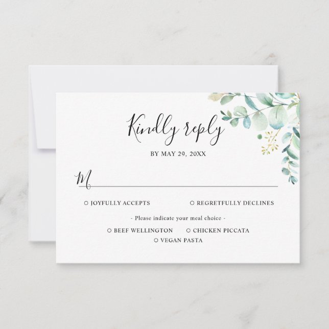 Cartão RSVP Eucalyptus Greenery Opções de Refeições (Frente)
