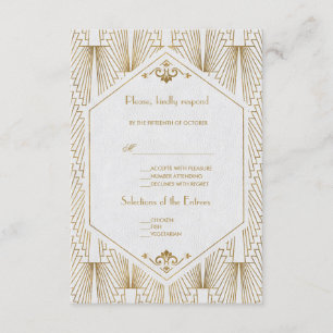 Cartão RSVP Excelente Gatsby Art Deco Casamento Branco Dourado