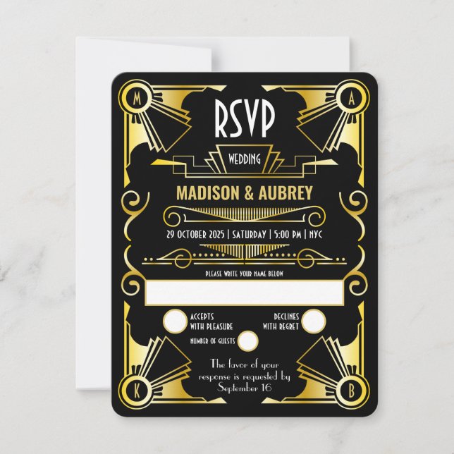 Cartão RSVP Excelente Gatsby Art Deco Casamento Opulento Doura (Frente)
