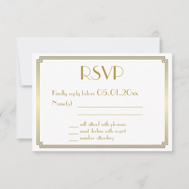 Cartão RSVP Excelente Gatsby Art Deco White Dourado Casamento  (Frente)