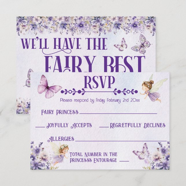 Cartão RSVP Fada Roxa Aquarela Aniversário Floral (Frente/Verso)