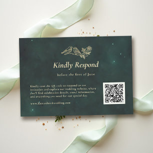 Cartão RSVP Fadas Floresta Esmeralda Verde Magia QR Casamento