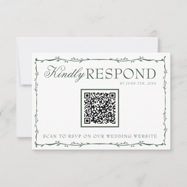 Cartão RSVP Fancy Emerald Green Branches Boho QR Code Wedding (Frente)