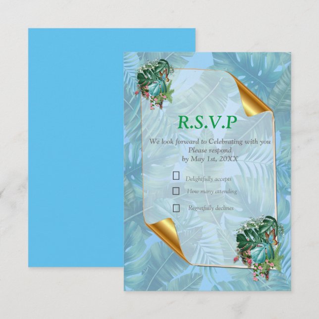 Cartão RSVP Fantasia Whimsical World com Flavor Tropical (Frente/Verso)