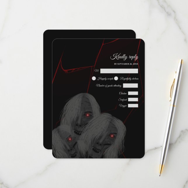 Cartão RSVP Fantasmas de Olhos Vermelhos, Vermelho Gótico, Pre (Frente/Verso In Situ)
