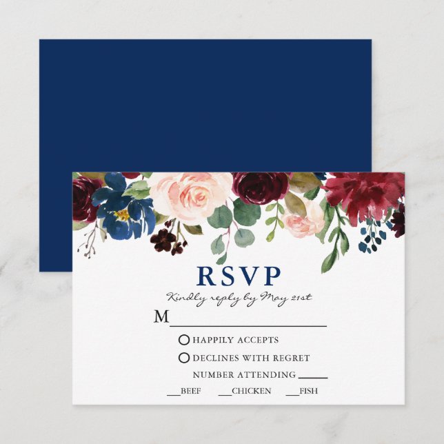 Cartão RSVP Farinha de Casamento Floral Clássica Azul-Aquarela (Frente/Verso)