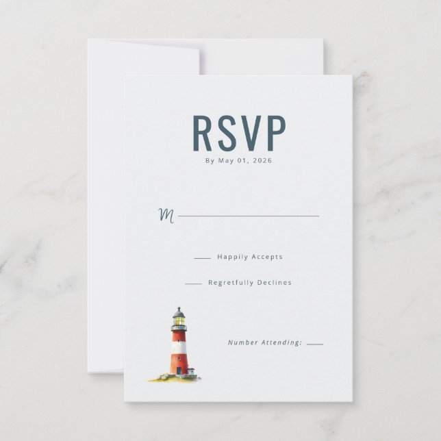 Cartão RSVP Farol de Navy Elegante (Frente)
