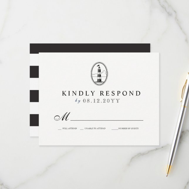 Cartão RSVP Farol de Praia| VP B/W de Casamento Náutico (Frente/Verso In Situ)