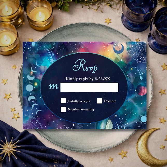 Cartão RSVP Fases da lua celeste de casamento galáctico modern (Criador carregado)