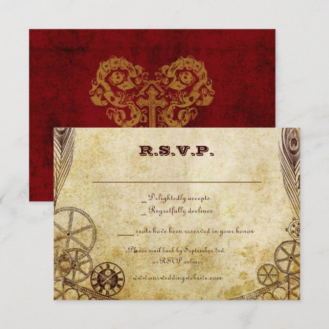 Cartão RSVP Faux Antique Dourado Casamento Vitoriano Steampunk (Frente/Verso)