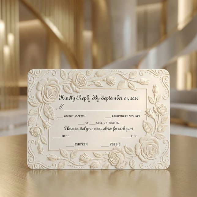 Cartão RSVP Faux Blind Embossed Floral Sculpture Ivory (Criador carregado)