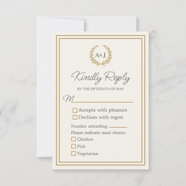 Cartão RSVP Faux Dourado 3 Escolhas de Refeições Casamento da  (Frente)