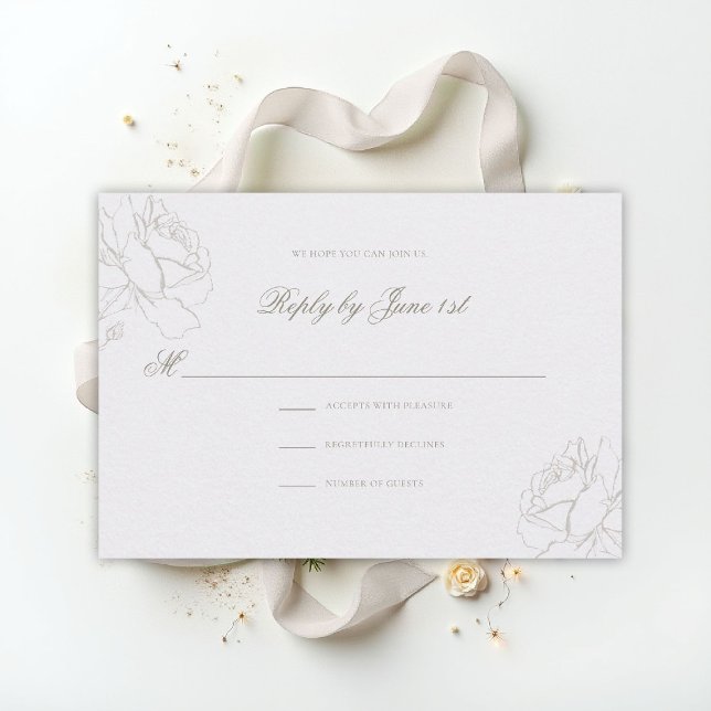 Cartão RSVP Faux Embossed Roses Pearl Classic Wedding (ethereal wedding theme white rsvp reply formal traditional modern classic floral roses elevated)