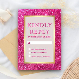 Cartão RSVP Faux Gold Foil Rosa Brilhante Casamento Glitter