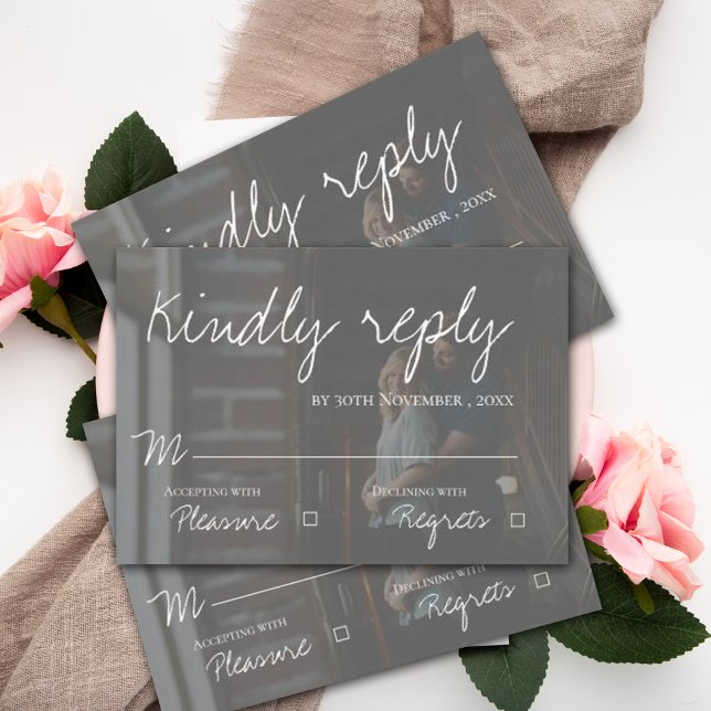 Cartão RSVP Faux Vellum Effect Foto Script Elegant Wedding (Criador carregado)