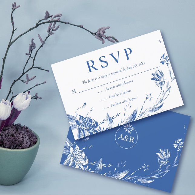 Cartão RSVP Feitiçaria com flores azuis elegantes, casamento f (Criador carregado)