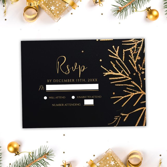 Cartão RSVP Feriado Elegante Moderno do Dourado Natal Negro (Black Gold Christmas Party Modern Elegant Holiday RSVP Card)