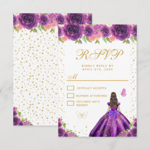 Cartão RSVP Festa de 16 anos da Princesa de Cabelo Castanho co