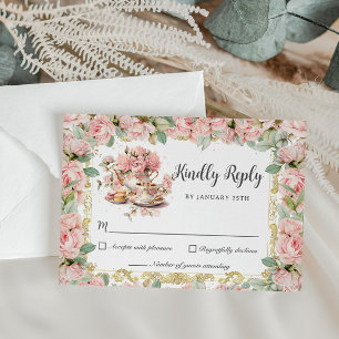 Cartão RSVP Festa de Chá Alta Floral Rosa Vintage Bebê Noivado