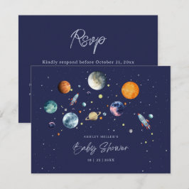 Cartão RSVP Festa de Chá de Bebê Menino Espaço Galáxia Além da