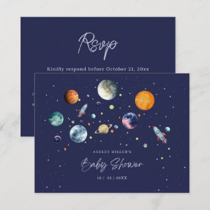 Cartão RSVP Festa de Chá de Bebê Menino Espaço Galáxia Além da