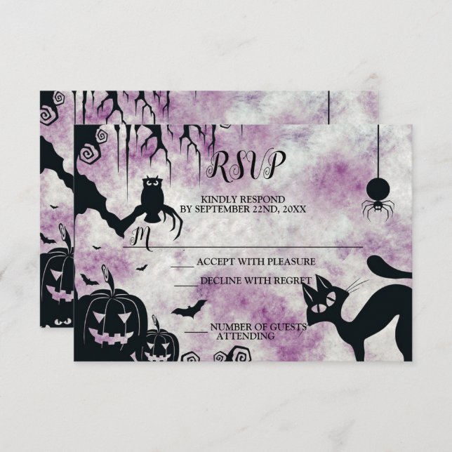 Cartão RSVP Festa de Halloween Black Cat Mau Pumpkins Coruja A (Frente/Verso)