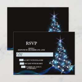 Cartão RSVP Festa de Natal Árvore Brilhante Azul Preta Elegant