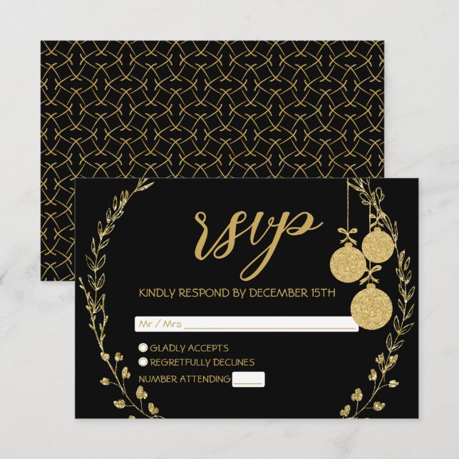 Cartão RSVP Festa de Natal Elegante Black Dourado Wreath (Frente/Verso)